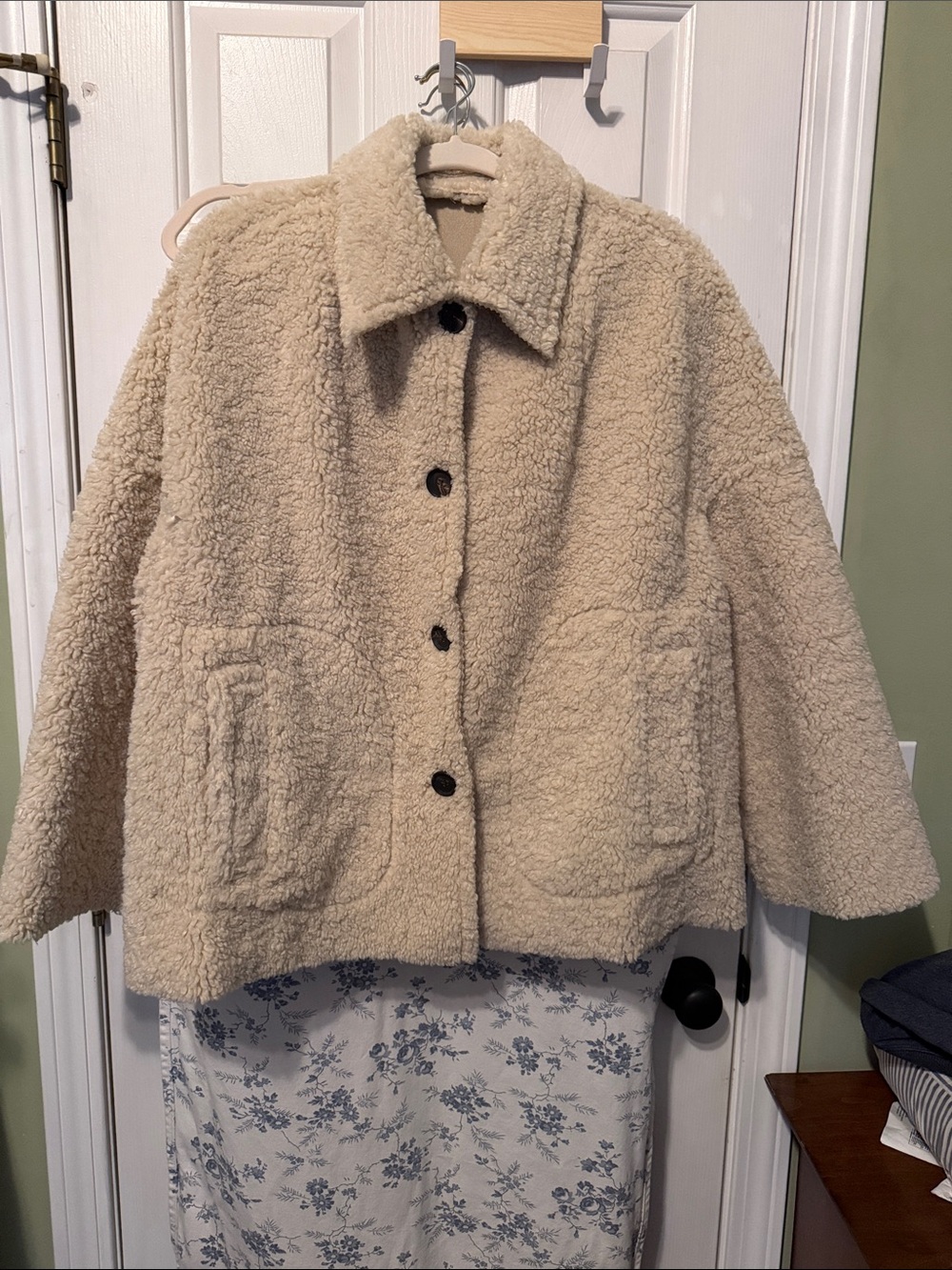 THE GREAT. Cream Teddy Sherpa Button Jacket